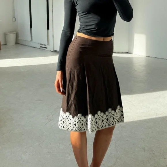 Loft Brown Linen Midi Skirt w/ Embroidered Hem - Picture 3 of 7